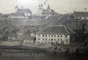 Budynek pałacu Sapiehów-Ogińskich na początku lat 1860-tych. jeszcze przed przerobieniem go w browar. Litografia z ekspozycji Muzeum w Grodnie.